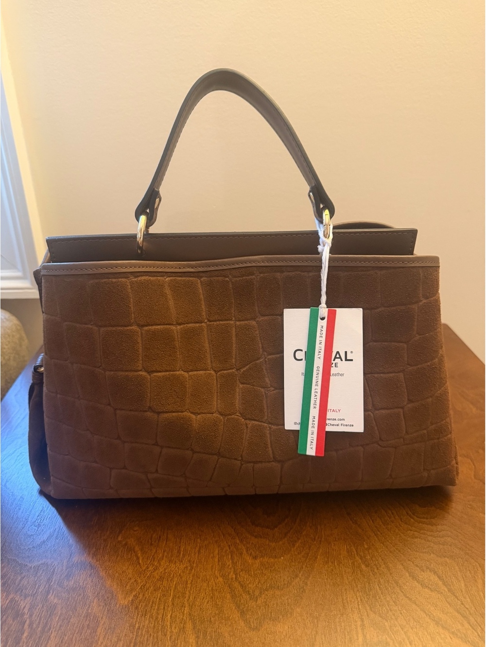 Cheval Firenze Italian Genuine Leather Brown Croc Embossed Handbag